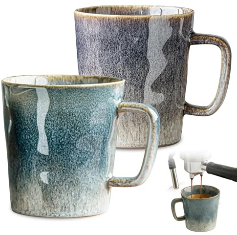 WIYETY 2 tazze da caffè da 400 ml: tazze in ceramica con manico, design retrò, set di tazze da tè in ceramica, regalo per caffè e tè, blu e grigio