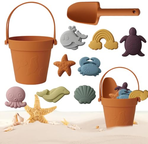 BrilliantDay Jeux de Plage, Plage Bebe en Silicone, Jouet de Plage Enfant, 10 Pièces avec Seau Plage Pliant, Modèle Animal, pour Bac a Sable Intérieur Extérieur Jouets de Jardin