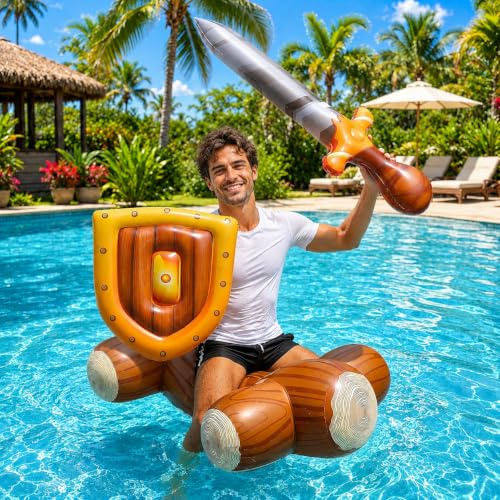 ROUSKY Aufblasbares Wasserschlacht-Set mit Schild und Schwert, Poolspiel für Erwachsene und Kinder, Sommer-Schwimmparty-Spielzeug, braun-gelb-Mehrfarbig, PVC-Material (3PCS)