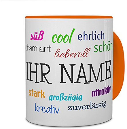 printplanet® Tasse mit Namen personalisiert - Motiv Positive Eigenschaften individuell gestalten - Farbvariante Orange