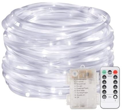 AVEKI LED Rope Lights, 33 ft 100 LED Battery Operated Tube String Lights with Remote Control & 8 Modes, Waterproof LED Fairy Lights Decoration for Indoor Outdoor Garden Wedding