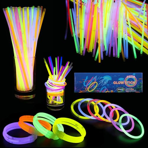 WedDecor 8 Pulgadas Brillo Palos Fiesta Packs Brazaletes Collares Neón Luz Fluorescente 50 Piezas Brilla en la Oscuridad Diversión Accesorio para Fiesta - Multicolor Brillo Palos, 50pcs