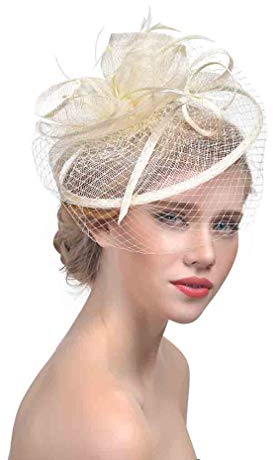 JK Home Fascinator Hüte für Damen, Cocktail-Feder, Netz, Schleier, Party, Derby, Beige