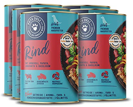 Pets Deli Nassfutter für Hunde mit Rind, Brokkoli, Papaya, Amaranth und Basilikum ohne Zucker und Gluten 6 x 800g