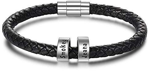 Bracelet Personnalisé Homme Argent Cuir Tressé Bracelet avec Prénom Gravure Bracelets Gravure Cadeau pour Anniversaire Noël Fête des Pères (2 Beads)