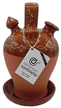 CERÁMICA RAMBLEÑA | Botijo de Barro Tradicional Filo Rojo de La Rambla (Córdoba) | 100% Hecho a Mano | 3.5 litros | Eco | Plato Incluido