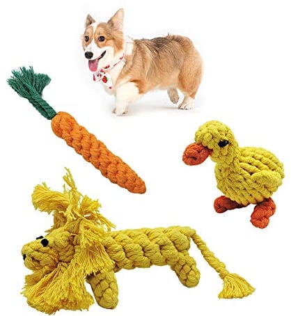 Andiker 3PCS Cotton Rope Puppy Teething & Training Durable Dog Plush Toys - Lion, Carrot & Duck Interactive Biting Rope Dog Chew Toys