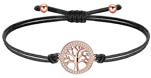 ZENI Bracelet Fille Arbre de Vie Or Rose, Bracelet Zircon Cubique Ado, Cordon Fait Main Bracelet Noir Réglable, Bijoux Yoga Femme, Cadeau Enfants Anniversaire