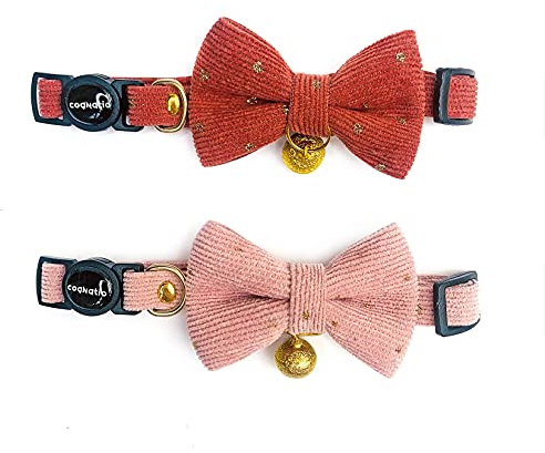 Cognatio Katzenhalsbänder mit Abnehmbarer Fliege und Glöckchen, Sicherheits-Schnellentriegelung, verstellbar 20–30 cm, 2 Stück, Orange+Rosa
