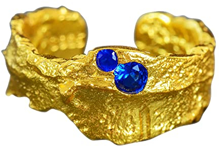 NicoWerk Damen Silberring Antik aus 925 Sterling Silber Uneben Golden mit Stein Blau Asymmetrisch Zirkonia Verstellbar Offen SRI654