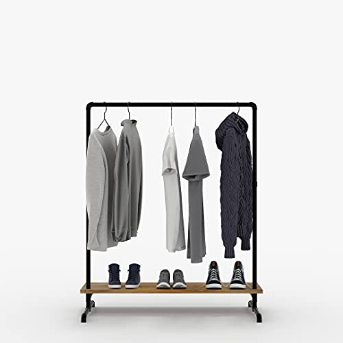 pamo Kleiderstange Industrial Design mit Eichenbretter - OSKAR - Garderobe und für begehbaren Kleiderschrank Wand I Kleiderständer aus schwarzen stabilen Rohren zur Wandmontage aus Wasserrohren