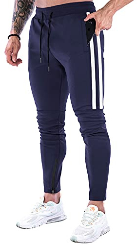 Suwangi Pantaloni Tuta Uomo Palestra della Allenamento Slim Fit Tasche Zip | Elastico in Vita con Coulisse,Jogging,Running,Workout,Fitness,Design a Righe