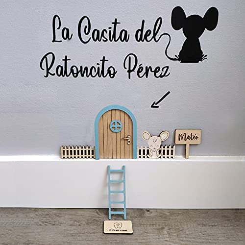 Kit Puerta Ratoncito Pérez de Madera color Azul para personalizar con el Nombre | Puerta Mágica con Escalera, felpudo y Vallas | Regalo Ideal Infantil de Madera
