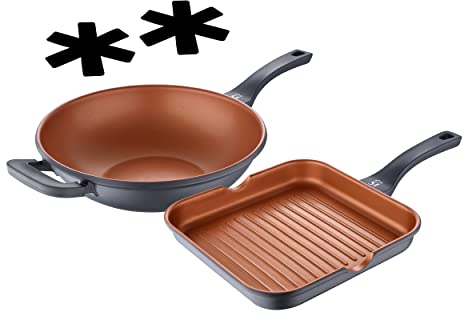 San Ignacio Bronze | Juego de Cocina | Set de Wok y Sartén Grill de 32 y 28 cm de Diámetro y 2 Protectores | Fabricados con Aluminio Fundido | Sartenes Antiadherentes | Para Todo Tipo de Cocinas