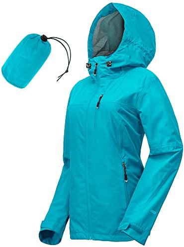 33,000ft Veste de pluie pour femmes, imperméable à l'eau légère avec capuche Packable Breathable Coat idéal pour la course et la randonnée, bleu/vert, 38