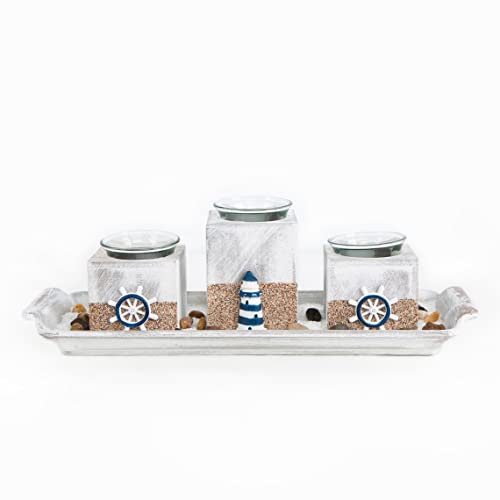 Logbuch-Verlag 3 Teelichthalter Maritime Deko Teelichter mit Schale aus Holz 34,5 cm blau weiß Geschenk Geburtstag