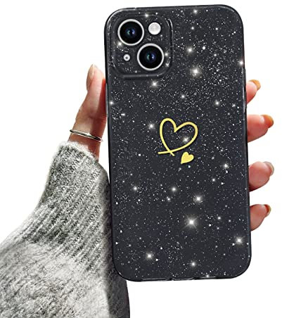 Newseego Glitter Case Compatible with iPhone 14 Case for Girls Women, Sparkly Bling Cute Golden Love Heart Pattern Phone Cases Soft Silicone Shockproof Protective Bumper Cover for iPhone 14-Black