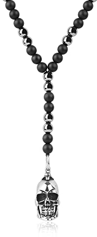 GAVU Geschenke Herren Perlenkette aus Mattem Onyx und Hämatit Kristall Kette mit Totenkopf Anhänger