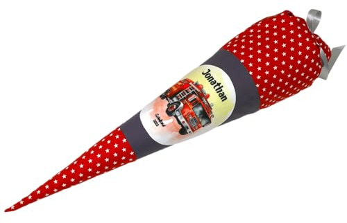 Schultüte aus Stoff rot mit Name Feuerwehr Zuckertüte 70cm oder 85cm grau