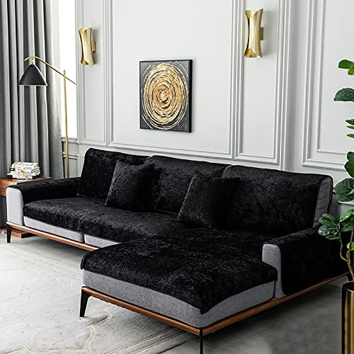 OQOPO Universal-Sofabezug in L-Form,Samt-Sofabezug für Hunde und Katzen,Kinder-Sofabezug,rutschfest,Möbelschutz für Sofa,Armlehne,Rückenlehne,Schwarz,80 x 240 cm (31 x 94 Zoll)