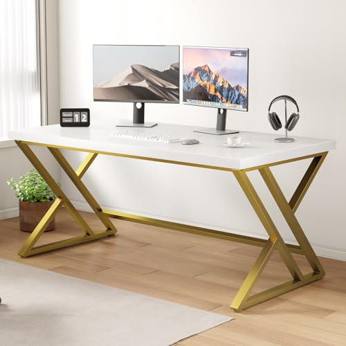 LVB White Gold Home Table Desk, Modern Wood Home Office Computer Desk, Metal Study Executive Writing Table for Gaming Writing Work, Farmhouse Simple Compact Student PC Desk with Storage for Bedroom