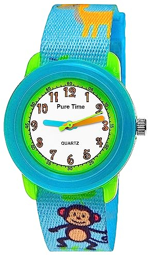 Pure Time® Kinder Uhr Jungenuhr Mädchenuhr Zoo Tiere REH AFFE Blumen Giraffe Armbanduhr Textil Armband Analoge Junge Mädchen Kinderuhr Textilarmband Türkis Blau Orange Lern-Uhr (Kids.Tiere.Türkis)