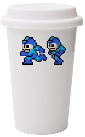 Mega Man Running, Gamer Gift, Video Game Mug, White Ceramic Travel Mug with White Lid.