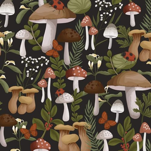 Fvlow Mushroom Floral Peel and Stick Wallpaper Vintage Dark Floral Wallpaper Vinyl Wrap Kitchen Worktop Covering Self Adhesive Thick Leaf Wallpaper for Bedroom Furniture Stickers Décor 44.5cmx300cm