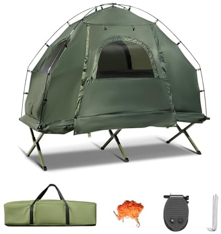 HOMASIS Campingzelt mit Feldbett, Campingbett mit Sonnendach, Kuppelzelt mit Luftmatratze & Schlafsack, Zelt mit Tragtasche für eine Person, Metallrahmen, Grün (194 x 87 x 167 cm)