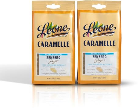 Leone dal 1857 - Caramelle Senza Zucchero Zenzero - Caramelle gusto Zenzero Senza Glutine e Vegane - 2 Sacchetti Caramelle Dure da 125g (2 x 125g)