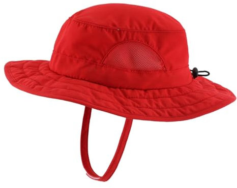 Magracy Kids Adventure Mesh Sun Hat Wide Brim UPF 50+ Beach Hat Adjustable for Boys Girls Bucket Hat Chin Strap Red