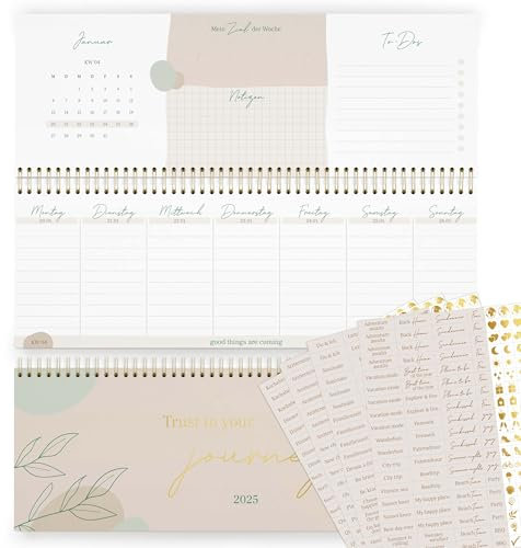KIND OF HAZEL® Tischkalender 2025 Beige + Sticker Set I Tischkalender 2025 Quer mit To Do Listen & Notizen I Hochwertiger Stehkalender Wochenplaner mit Goldfolienprägung | Schreibtisch Kalender 2025