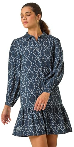 Roman Originals Shirt Dress for Women UK- Ladies Long Sleeve Belted Collared Midi Maxi Winter Autumn Smart Casual Button Through Evening Office A Line Swing Skater - Size 16 - Teal Multi