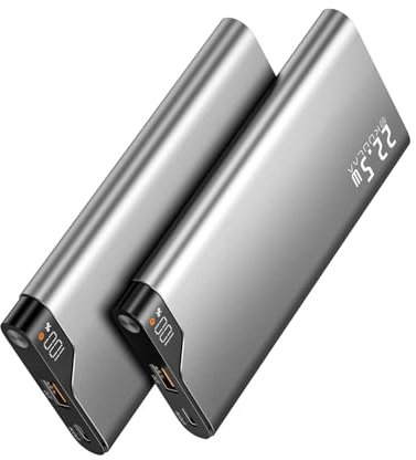 Bateria Externa Carga Rapida 2 Piezas 10000mAh 22.5W Power Bank, KUULAA Cargador Portatil USB C Input & Output Bateria Portatil para iPhone 16/15/14/13/Pro/Pro MAX/Plus/iPad/Samsung, Gris