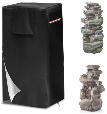 Garden Fountain Cover,Outdoor Heavy Duty Waterproof Dustproof Winter Fountain Cover for Cascading Bowls and Stacked Stones with Zipper and Drawstring.(Black,24 L x 19 W x 40 H)