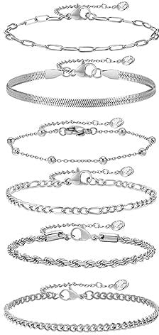 LDUDU 6Pcs Armbänder Charm Armband Set Schmuck Damen Edelstahl Armkette Damen Armband Charm Armband Silber Gold Armband für Damen Frauen (silber)