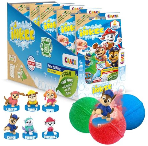INKEE SURPRISE PAW PATROL | Bombe da bagno per bambini con sorpresa, giocattolo per vasca da bagno della pattuglia canina con sapore di gomma da masticare ed effetto schiuma, 5 pezzi.