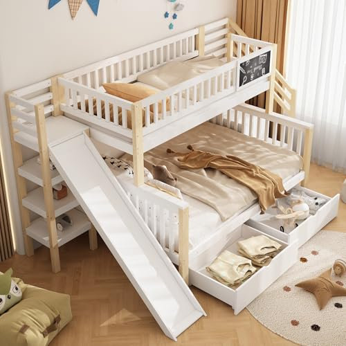 Etagenbett Kinderbett 90×200cm und 140×200cm mit Treppe und Rutsche, Holzbett Stockbett mit Lagerregal und Schubladen, Funktionsbett mit Tafel, Rausfallschutz und Lattenrost für 2-3 Kinder, Weiß