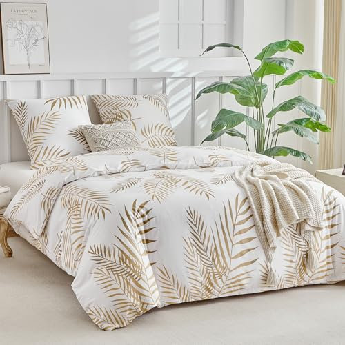 Lekesky Bed Linen 220 x 240 cm, 3-Piece Bed Linen Set 220 x 240 cm, White Duvet Cover with Golden Tropical Palm Leaf Pattern, Microfibre with Zip, 2 Pillowcases 80 x 80 cm