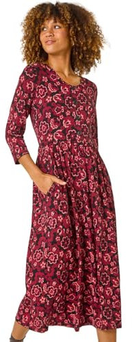 Roman Originals Midi Dress with Pockets for Women UK Ladies Stretchy Jersey Maxi Long 3/4 Length Sleeve Gathered High Waist Boho Flattering Skater Swing Fit Flare - Red Noir - Size 14
