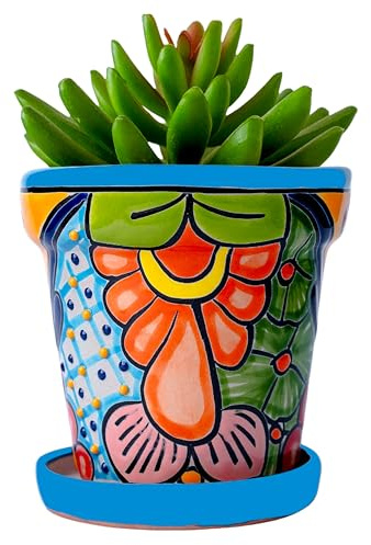 COBAZUL Mexican Pottery Planters - Talavera Planter - Succulent Pots - Ceramic Pots for Plants Indoor & Outdoor with Drainage Hole and Saucer - 4'' W x 4 H (Turquoise-Small)