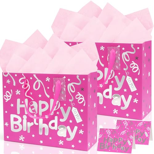 2 Stück Geschenktüten Groß, Rosa und Silber Folie Geschenktüte Set mit Seidenpapier und Grußkarte, Rosa Papiertüten mit Henkel, Geschenktaschen für Geburtstag, Party, Hochzeit, 33x26x12cm