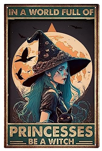 FJQWKLF Retro-Blechschild aus Metall, „In einer Welt voller Prinzessinnen sei eine Hexe, Poster, Vintage, für Bar, Zuhause, Badezimmer, Halloween, Wanddekoration, Schild, 30,5 x 20,3 cm