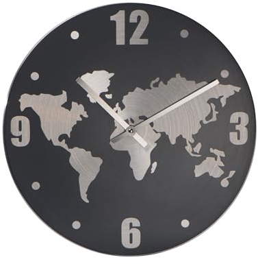 noTrash2003 Weltkarten Wanduhr 30 cm – Aluminiumgehäuse, gelaserte Weltkarte im Ziffernblatt, Moderne Designuhr, Elegante Wanddeko, robust & zeitlos, ideal für Wohnzimmer, Büro & Flur