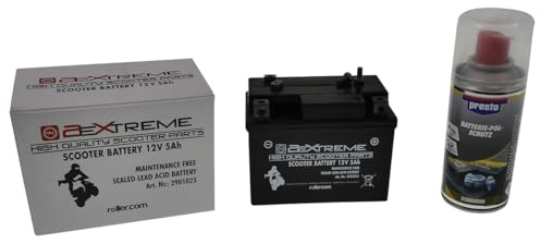 2EXTREME Batterie 12V 5Ah mit Pol-Schutz kompatibel mit MBK Booster 50 | Batterieset mit PRESTO Pol-Schutz Spray 150ml; Vergleichstyp YB4L-B; kompatibel mit YAMAHA Aerox, SUZUKI Katana, PIAGGIO Zip