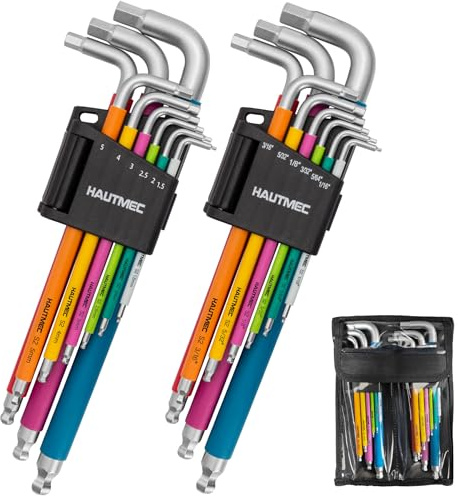 HAUTMEC Allen Wrenches Sets with Ball End(SAE & Metric), 18PCS Extra Long Arm Hex Key Set, Heavy-Duty S2 Steel Pro Allen Key Set, 1/16 to 3/8 and 1.5-10mm, Color Coded Sleeve with Belt Loop Pouch