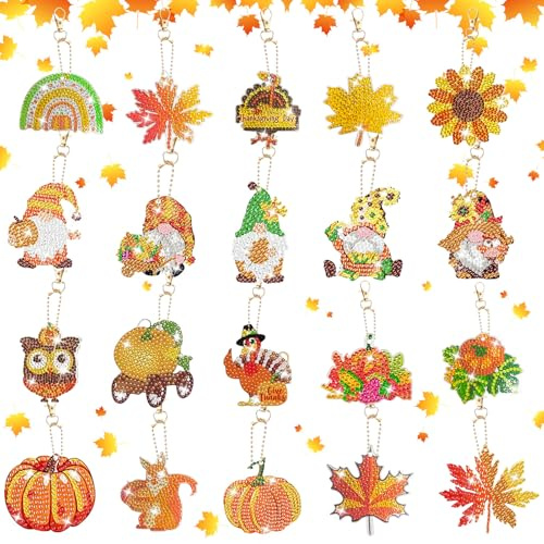 20 Stück Diamond Painting Herbst Schlüsselanhänger Für Erwachsene Kinder Herbst Deko Kürbis Wichtel Doppelseitige Diamond Painting Anhänger Set Herbstdeko Bastelset Halloween Diamant Crystal Art (A)