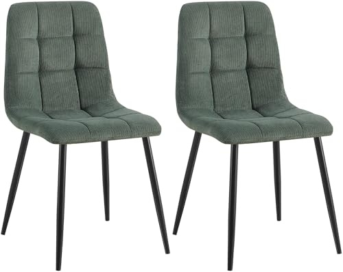 CLP 2er Set Esszimmerstuhl Tilde, Küchenstühle gepolstert mit gestepptem Bezug, Polsterstühle mit Metallgestell, bis 150 kg belastbar, Farbe:grün, Material:Cord