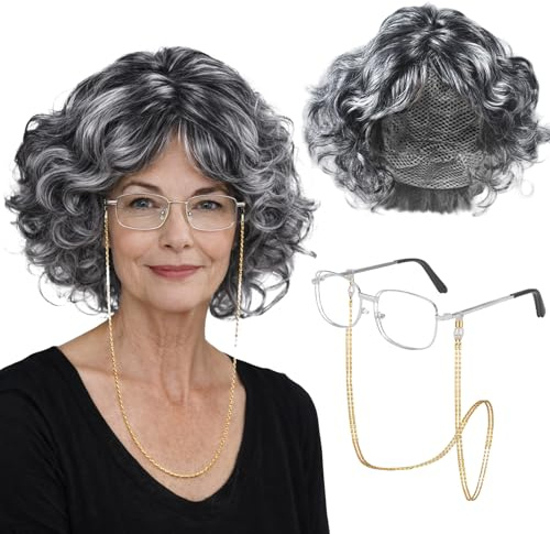 GWAWG Oma Kostüm Oma Cosplay Zubehör Set, kurz grau lockig Perücke Kappe Halskette Brille Halloween Party Karneval Maskerade Welttag des Buches