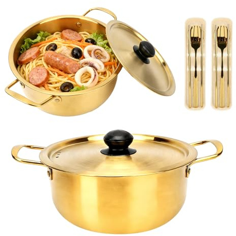 2-Pack Stainless Steel Korean Ramen Pot 7 & 7.8 with Lid Utensils | Noodle Cooking Pot Comes with Spoon, Chopsticks & Fork for Soup, Pasta and Daily Cooking